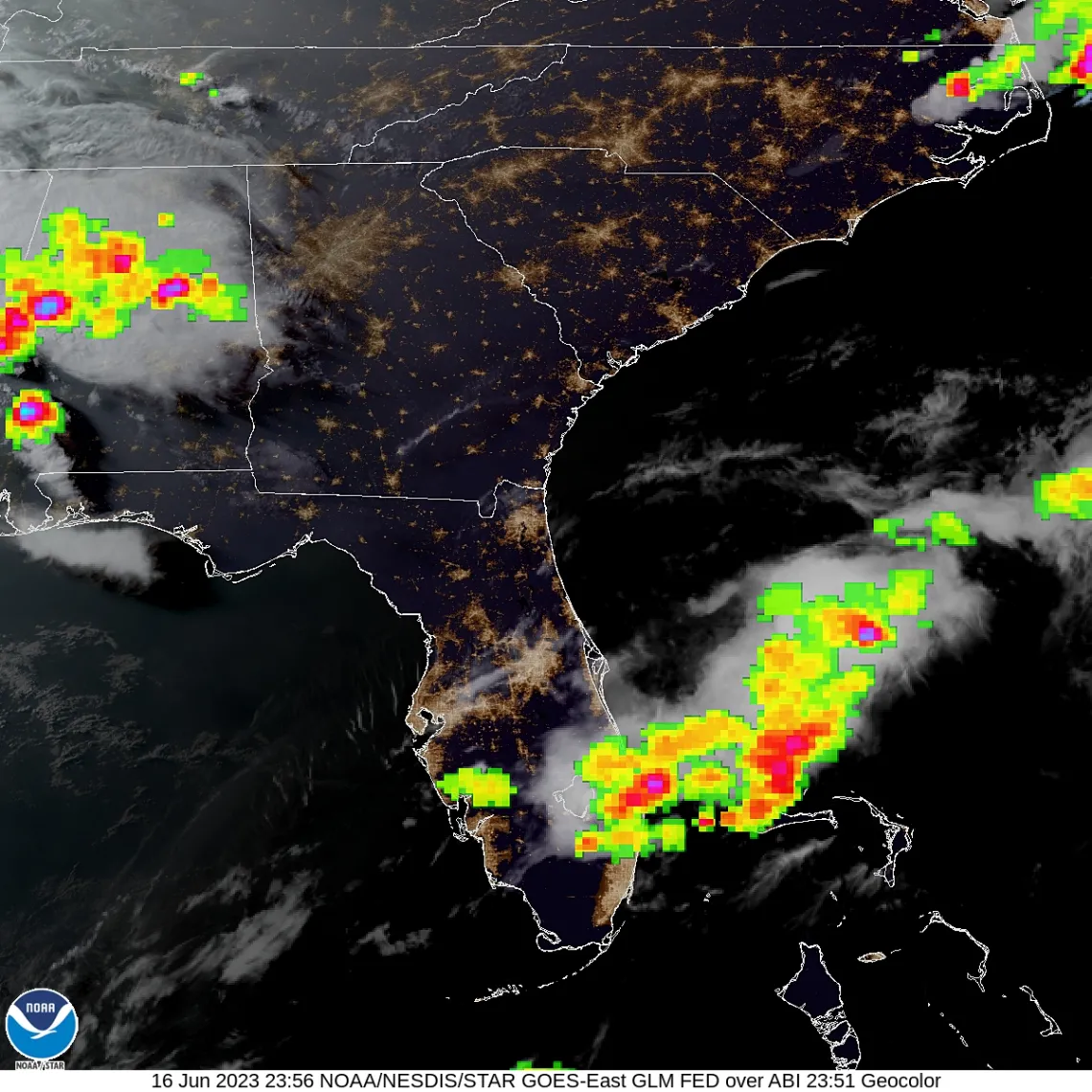 Image Source: NOAA 16June2023 NESDIS STAR GOES East GLM Red