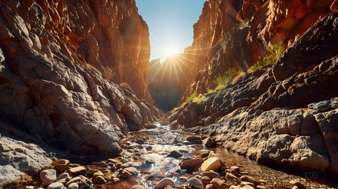 Desert Canyon Stream and Sunlight