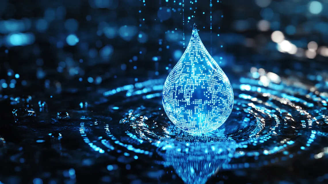 Digital Blue Water Drop with AI Computer Code