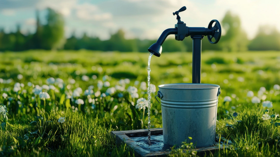 Water Pump and Bucket in Rural Green Field