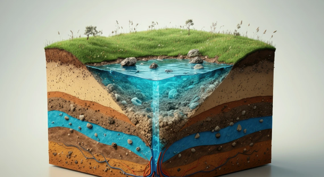 3-D Illustration Groundwater Soil Layer Aquifer and Flow