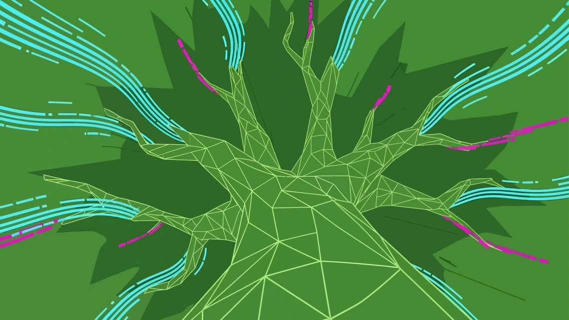 Network Visualization Interconnected Data Flow Around Geometric Tree