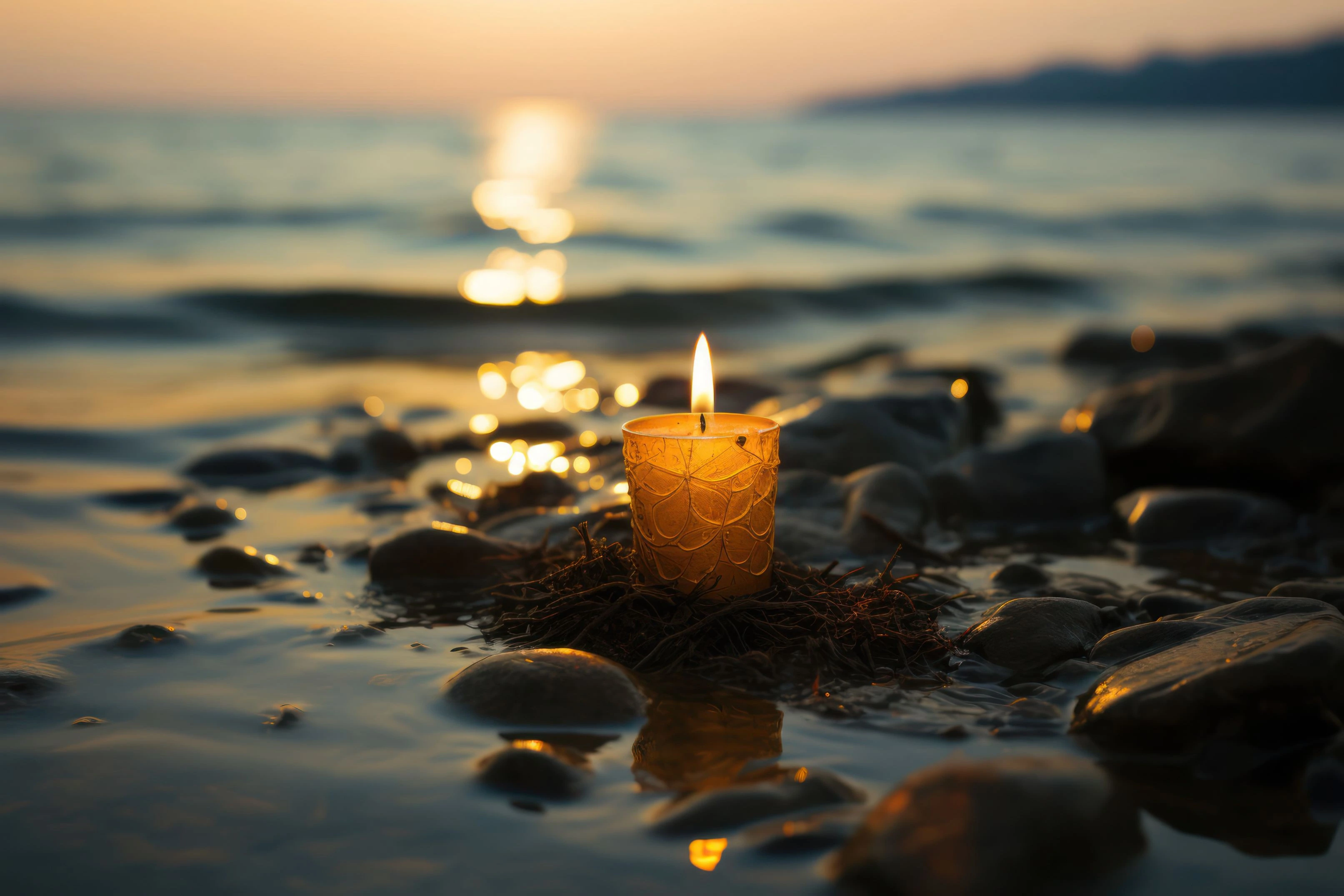 Remembrance Candle Burning Admist Water