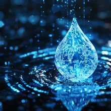 Digital Blue Water Drop with AI Computer Code