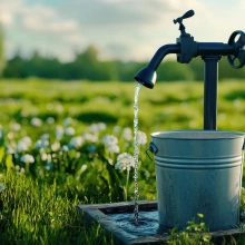 Water Pump and Bucket in Rural Green Field