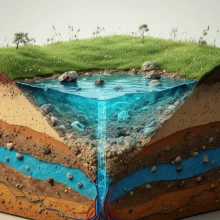 3-D Illustration Groundwater Soil Layer Aquifer and Flow