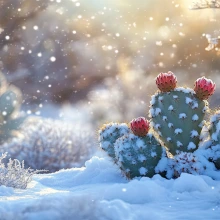 Winter Prickly Pear Cactus and Snow